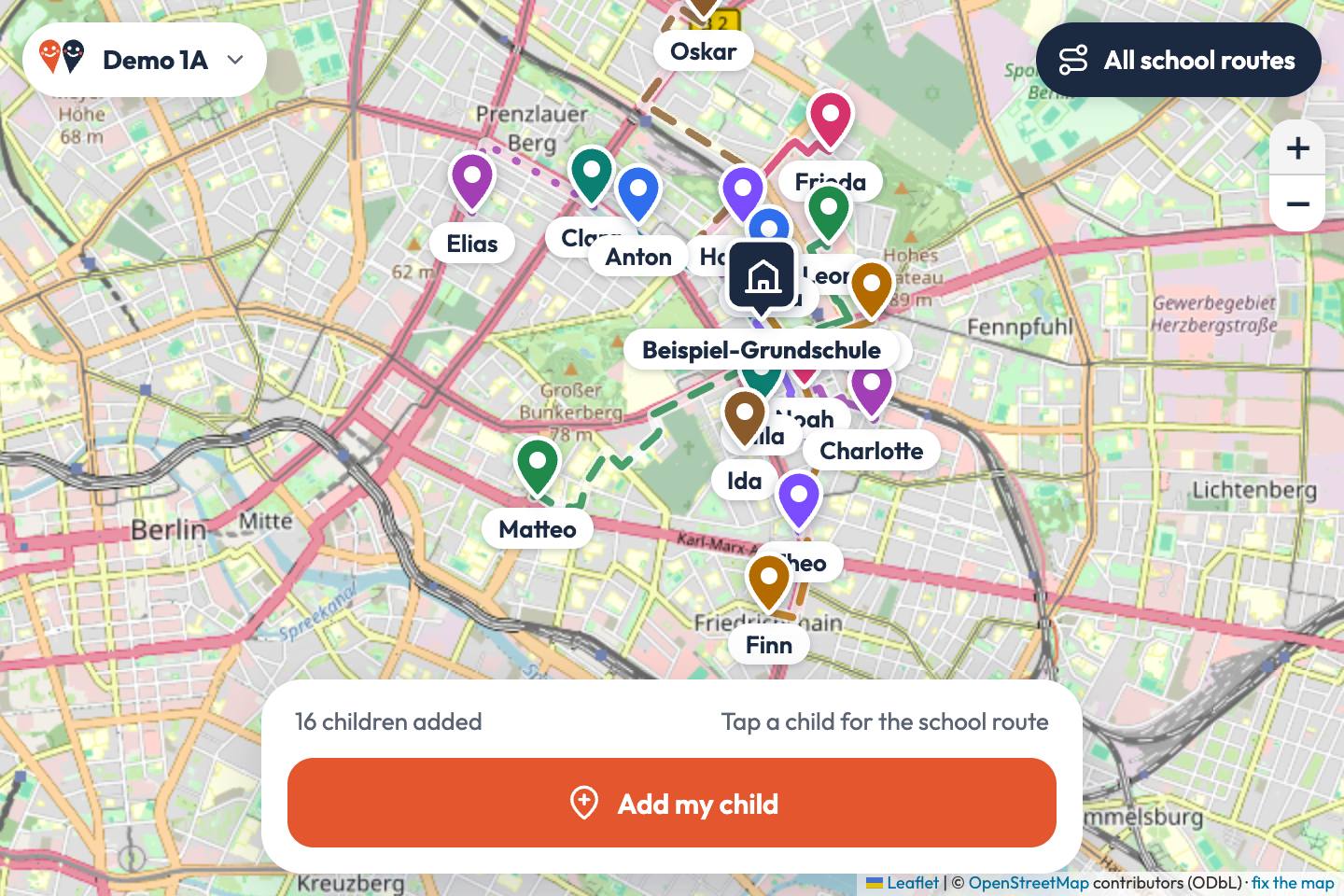 Example map of Class 1A: the kids’ markers around the school and their routes to school