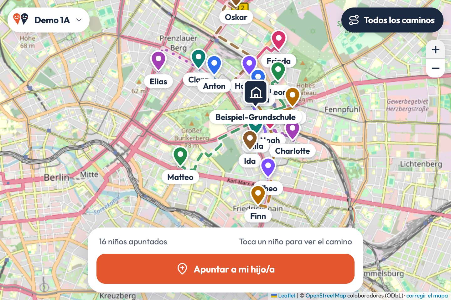 Mapa de ejemplo de la clase 1A: los marcadores de los niños alrededor del colegio y sus caminos