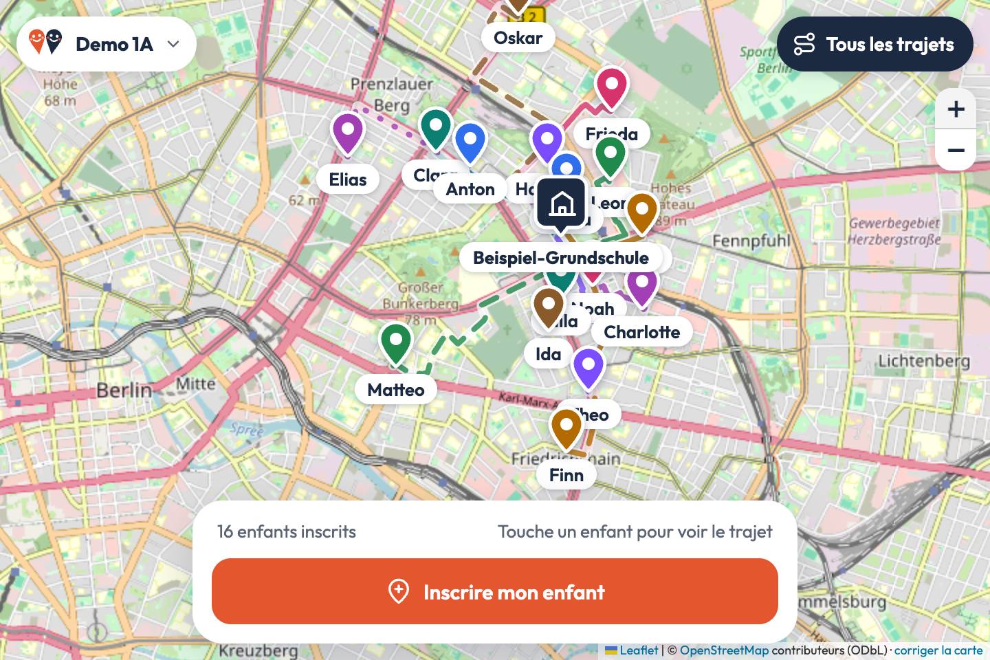 Carte d’exemple de la classe 1A : les repères des enfants autour de l’école et leurs trajets
